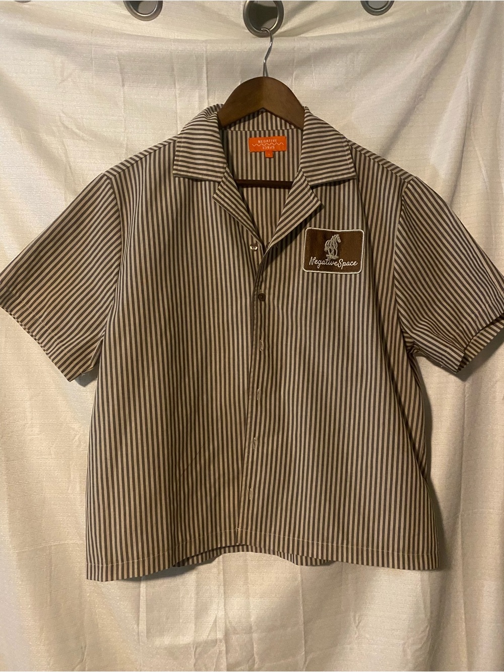 Striped Brown & White Short-Sleeve Camp Shirt Preppy Cropped Collegiate